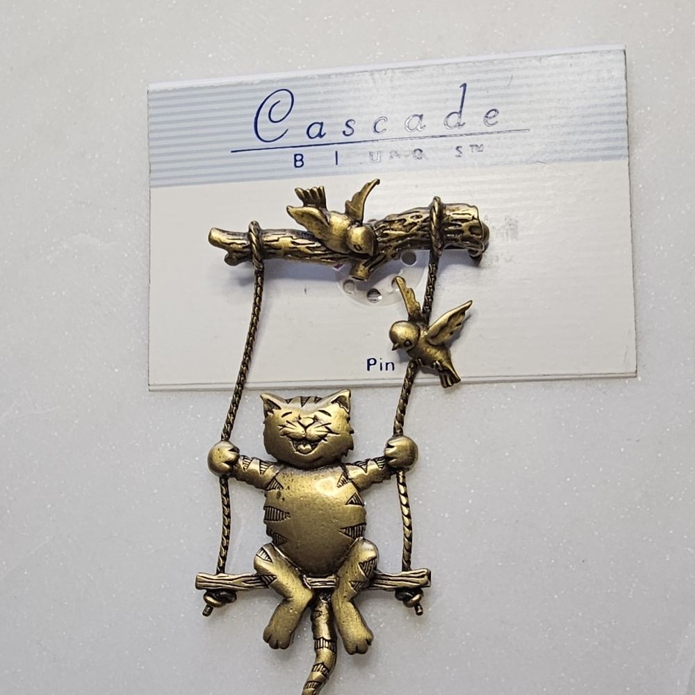 Cascade Blues Gold Cat Brooch By JJ Jonette